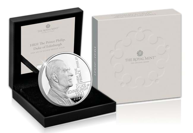 Y005 uk 2021 prince philip 5 pound silver proof coin product images coin in box and outer carton - NEW UK £5 issued to honour HRH Prince Philip – everything you need to know