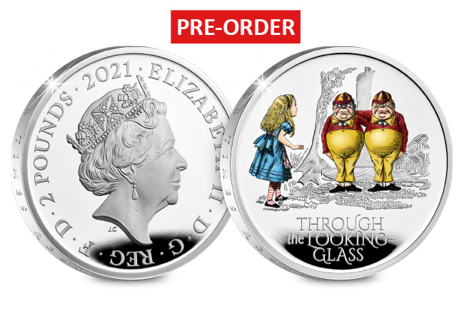 UK 2021 Through the Looking Glass 1oz Silver Coin Product Images Coin Obverser Reverse with Flash - Breaking news from Wonderland! NEW Alice’s Adventures in Wonderland UK Coins just released