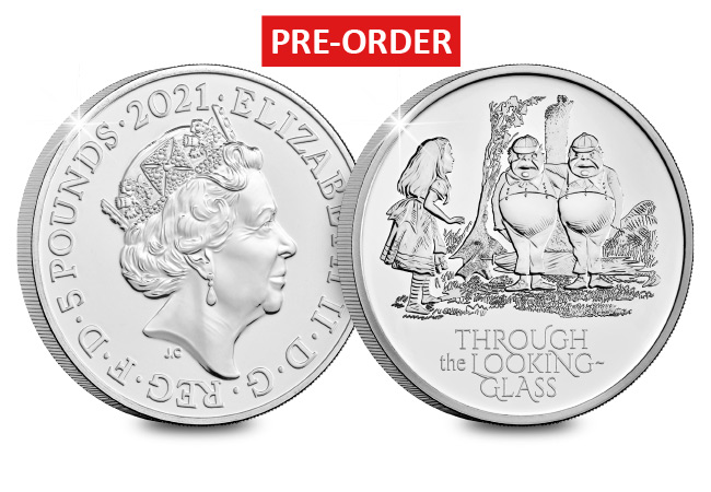 UK 2021 Through the Looking Glass 5 Pound BU Pack Product Images Coin Obverser Reverse with Flash - Breaking news from Wonderland! NEW Alice’s Adventures in Wonderland UK Coins just released