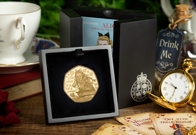 LS IOM 2021 Alice through the looking glass 50p gold silgle box lifestyle - It’s time to go Through the Looking-Glass… Discover the BRAND NEW Alice 50p Coins!