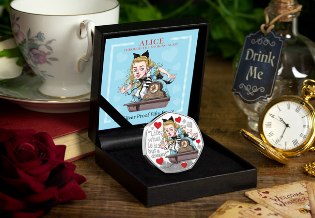 LS IOM 2021 Alice through the looking glass 50p silver box lifestyle - It’s time to go Through the Looking-Glass… Discover the BRAND NEW Alice 50p Coins!