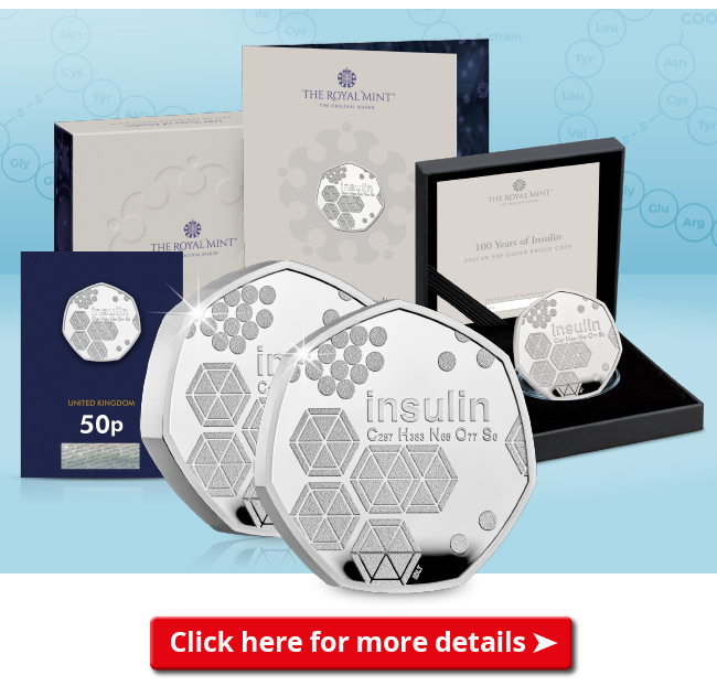 DN 2021 Discovery of Insulin BU Silver Proof Piedfort 5 coin email banners 4 - New UK 50p celebrates discovery that saved MILLIONS of lives…