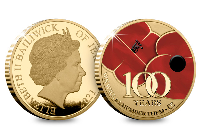 Jersey 2021 Poppy 1921 and modern Jersey 5 CuNi Proof Gold Plated print both sides - 100 Years of Remembrance: Honouring the Centenary of the Royal British Legion