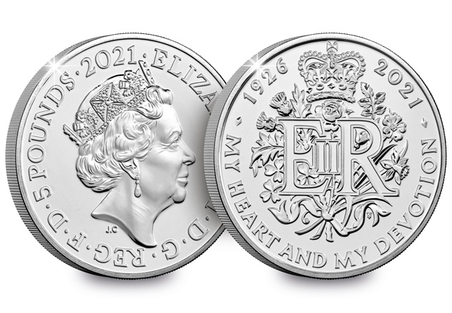 UK 2021 Queens 95th Royal Mint 5 Pound Coin BU Pack Product Images BU Coin Obverse Reverse - The world's longest reigning living monarch — celebrating Queen Elizabeth II's birthday