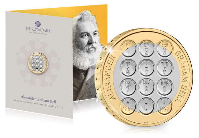 UK 2022 Alexander Graham Bell 2 BU Pack with coin reverse enlarged - Pioneer of the telephone Alexander Graham Bell celebrated on a new UK £2 coin