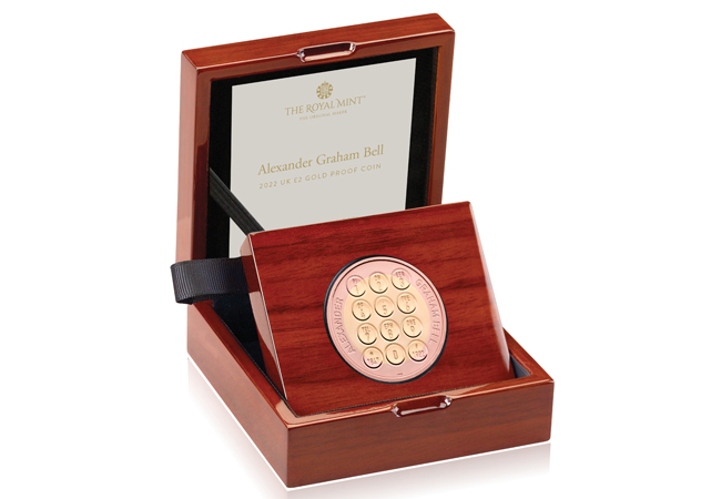 UK 2022 Alexander Graham Bell Gold 2 display box - Pioneer of the telephone Alexander Graham Bell celebrated on a new UK £2 coin