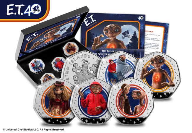 E.T. Silver 50 Cent Colour Set Reverses and Obverse with Display Box in Background - PHONE HOME! E.T. The Extra-Terrestrial brought to life on FIVE Brand New Coins