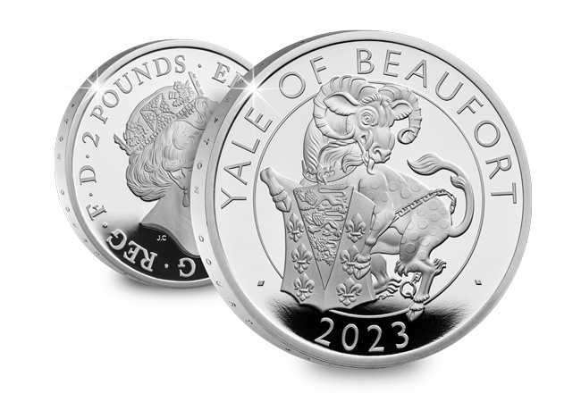 Tudor Beasts Yale of Beaufort Silver 1oz Reverse with Obverse in Background - Will this Heraldic Beast follow the SELL-OUT History?