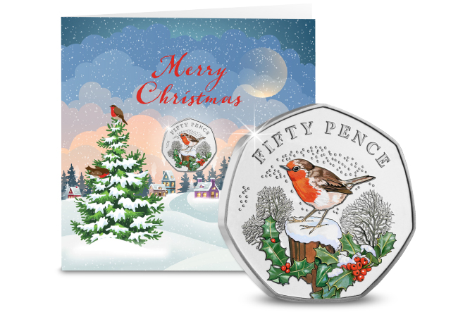 BU Colour Christmas 50p Robin Christmas Card with Reverse in Front - Celebrate a Traditional Christmas with the NEW limited edition 50ps – just released for the festive season!