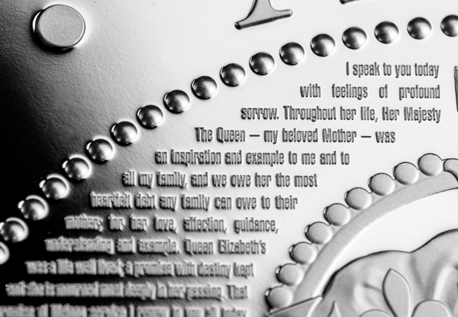 King s Speech Silver 5oz Close up 04 - The Silver Coin that Speaks Volumes: An Entire Speech Engraved in Precious Metal