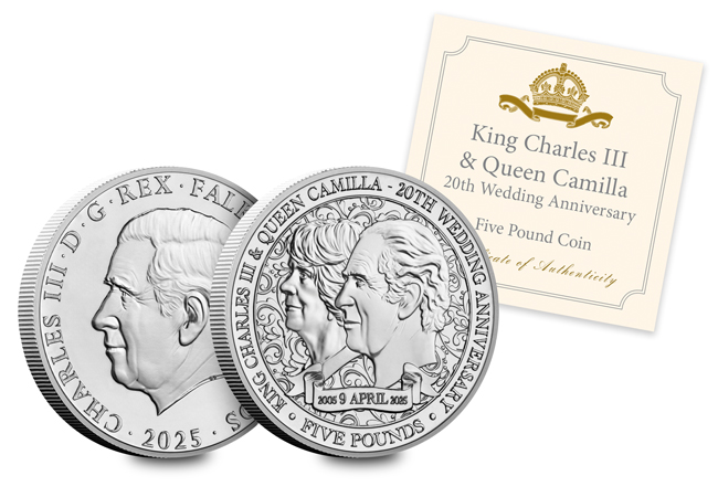 Charles and Camilla BU 5 Falklands Obv Rev with Cert 1 - Celebrate the 20th Wedding Anniversary of King Charles III and Queen Camilla