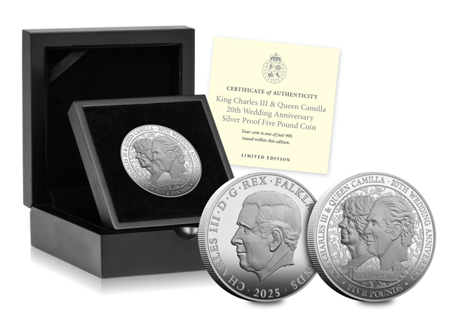 Charles and Camilla Silver 5 Falklands Box shot - Celebrate the 20th Wedding Anniversary of King Charles III and Queen Camilla